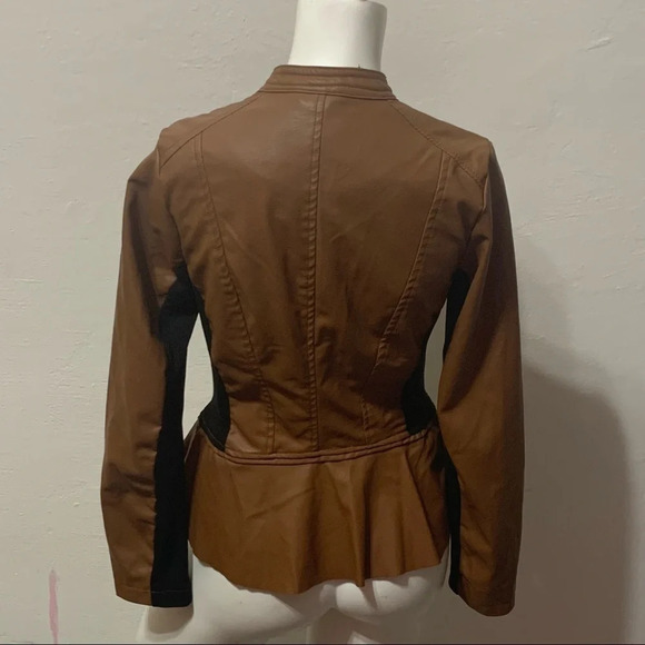 New Look Brown Faux Leather Full Zip Peplum Jacket Size S - Picture 2 of 2